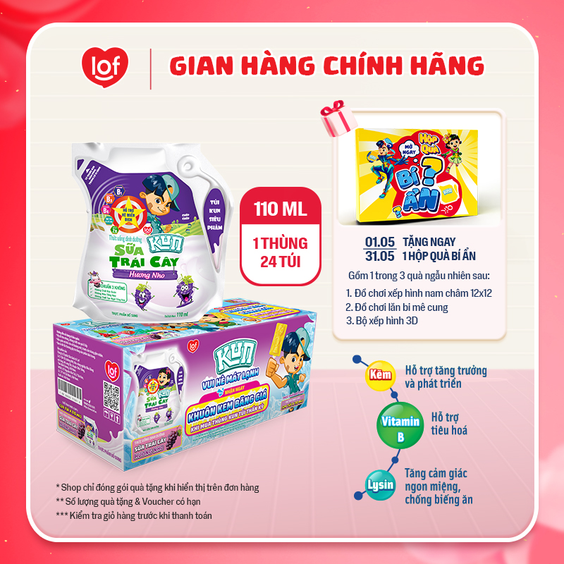 Sữa trái cây KUN vị nho thùng 24 túi x 110ml