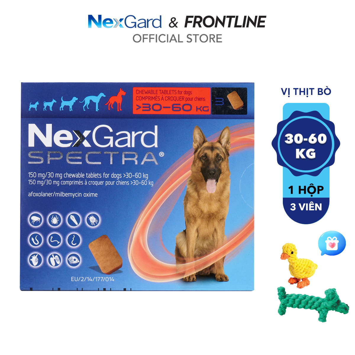 NexGard SPECTRA - Viên nhai phòng &amp; trị nội ngoại ký sinh (ve rận bọ chét ghẻ Demodex Sarcoptes giun) dành cho chó từ 2-60kg - 1 hộp 3 viên