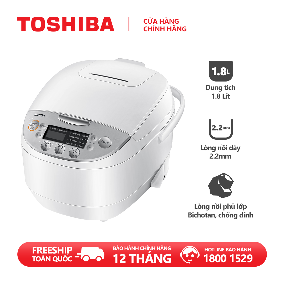 Nồi cơm điện tử Toshiba RC-18DH2PV(W) - 1.8L - Phù hợp 4-6 người - Lòng nồi dày 2.2mm chống dính - 11 chương trình nấu tự động - Hàng chính hãng bảo hành 12 tháng chất lượng Nhật Bản