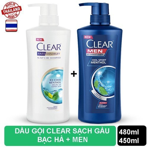 Bộ 2 Chai dầu gội Clear Bạc Hà 480ml và Clear Men 450ml nhập khẩu Thái Lan