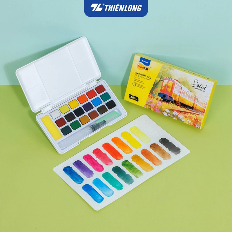 Màu nước nén Thiên Long 12/18/24 màu Colokit Solid Water Color - Màu nén mịn dễ pha màu đạt chuẩn châu Âu tặng kèm cọ