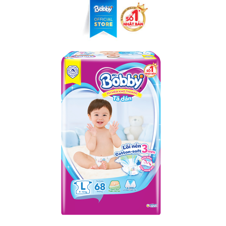 [20g 7-10.8 QUÀ TO]Tã/Bỉm dán Bobby 3mm Ultra Jumbo Siêu khô thoáng L68