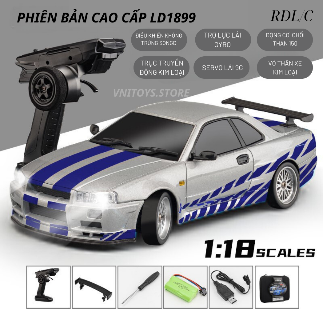 Xe Điều Khiển Từ Xa hợp kim RC Drift gyro RDLC LD1899 Nissan GT-R R34 tốc độ tỉ Lệ 1/16 Pin Sạc Ô Tô
