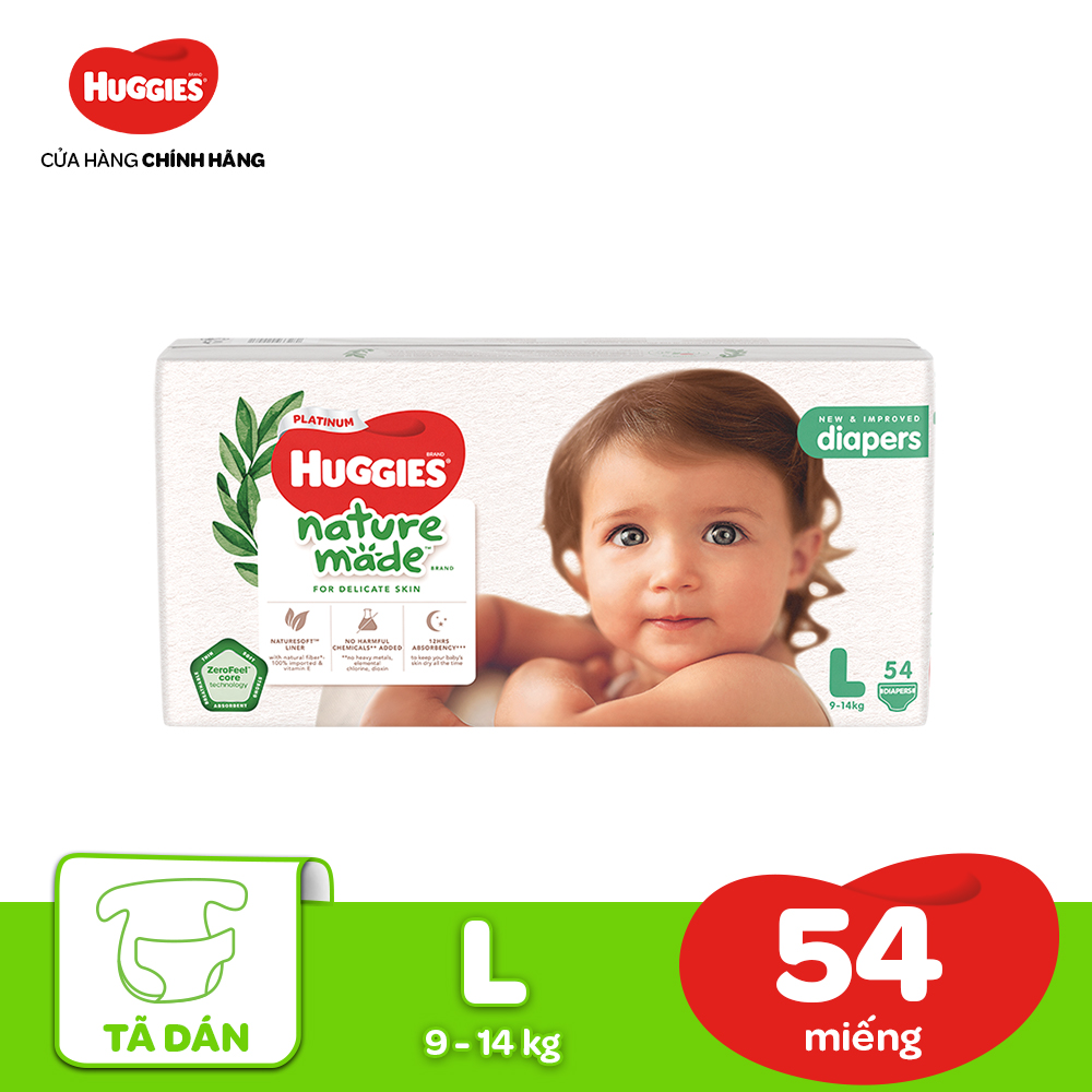 [30.7 QUÀ TẶNG ĐƠN 399K] Tã/Bỉm dán HUGGIES PLATINUM NatureMade L54 (9-14kg)-Gói Jumbo 54 miếng