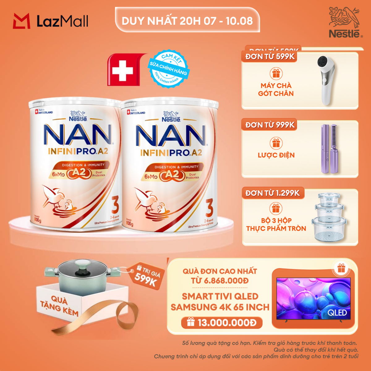 [CHỈ 20H 07-10.08 QT ĐƠN 599K/999K/1299K][Tặng Nồi chống dính elmich 18cm] Combo 2 lon Sữa bột Nestle NAN INFINIPRO A2 3 800g Cho Bé 2 - 6 Tuổi Có Đạm A2 6HMO & Lợi Khuẩn Kép hỗ trợ tiêu hóa đề kháng