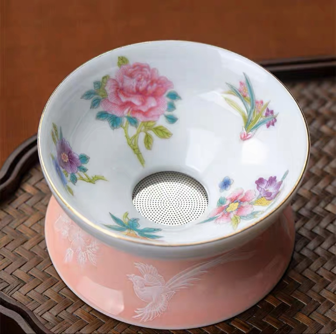 Bộ Ấm Chén Pha Trà Hoa Điểu Dáng Ấm Long Đán Bằng Sứ Cảnh Đức Trấn
