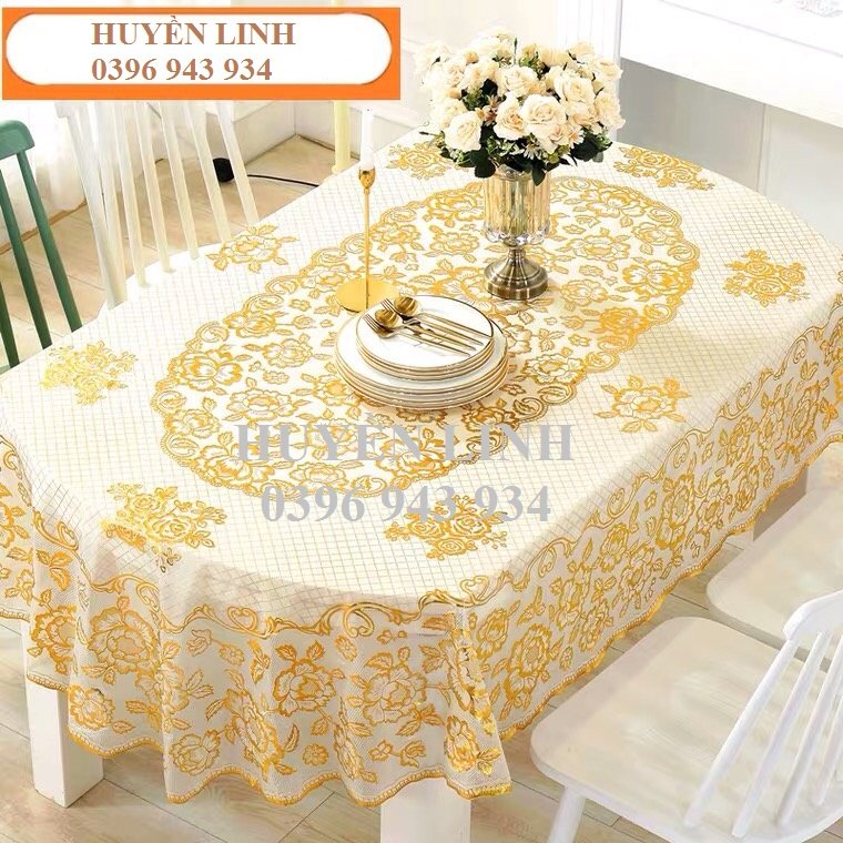 Khăn trải bàn oval 150*230cm ren vàng khăn trải bàn ăn khăn trải bàn nhựa