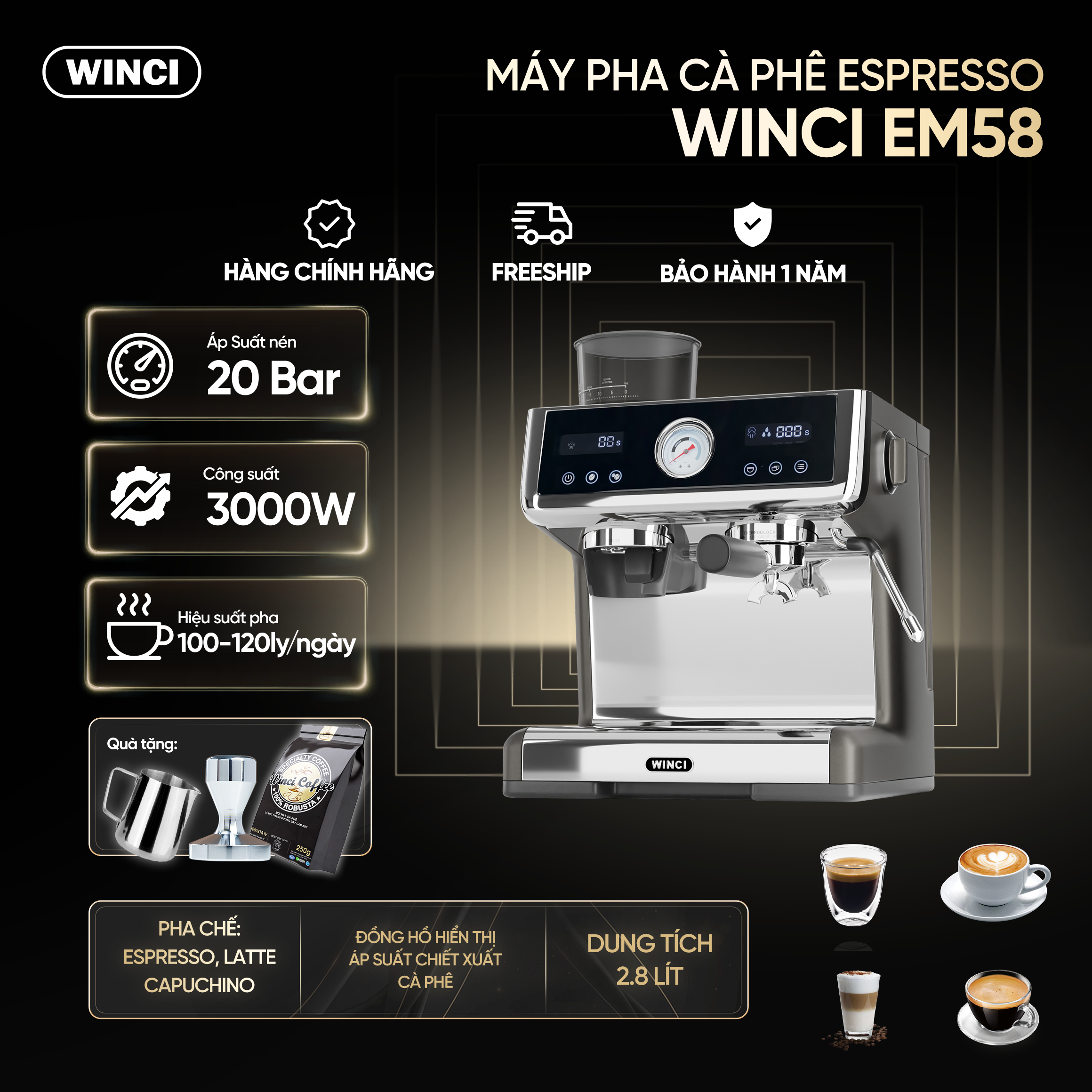 Máy Pha Cà Phê Tự Động Winci EM58 20 Bar Pha Espresso Latte Capuchino. Bảo Hành 2 Năm.