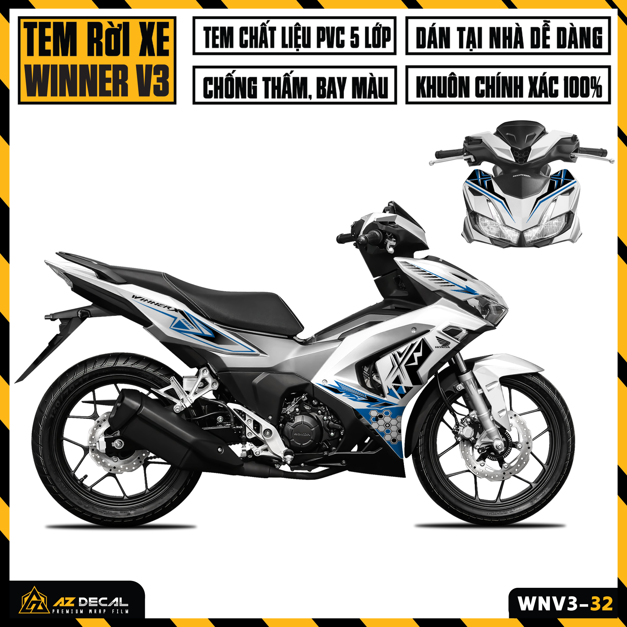 Tem Xe Winner V3 | WNV3-32 | Team Decal Hình Dán Winner X 150 2022 Đen Đỏ Trắng Xám Chống Nước Bền M