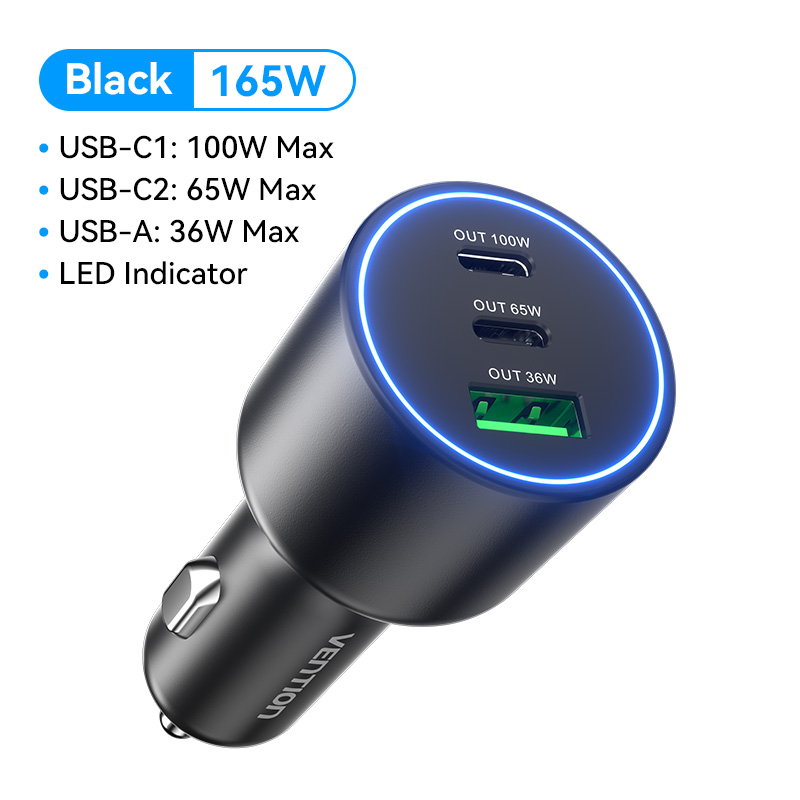 Vention Bộ Sạc Xe Hơi 100W 165W Sạc Nhanh 3 Cổng Type C USB A có đèn LED báo hiệu cho SAMSUNG S24 S2