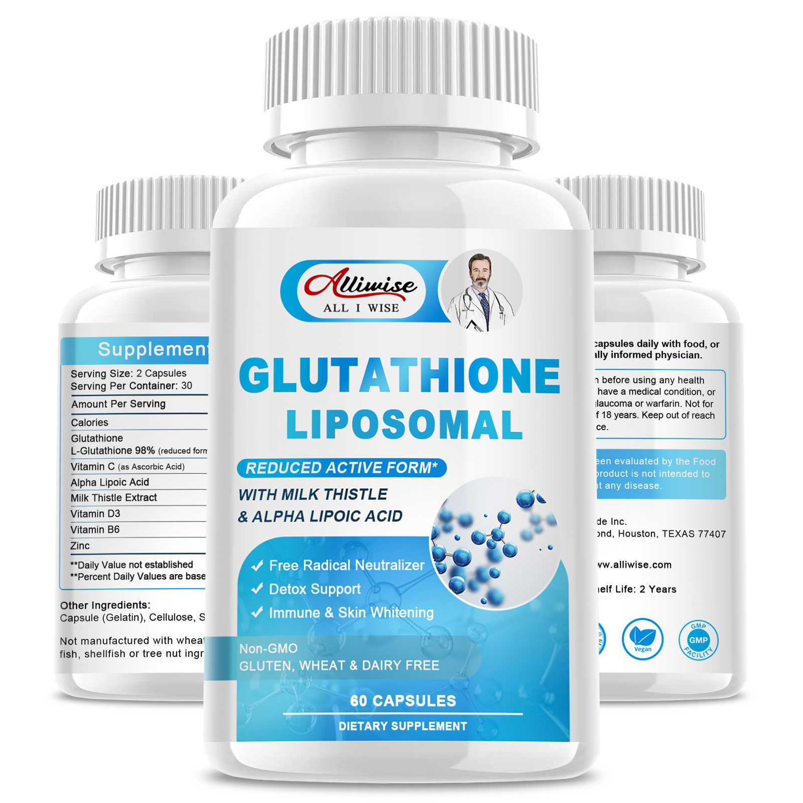 Alliwise Liposome Glutathione 1000mg Glutathione bổ sung Milk Thistle 200mg Alpha Lipoic Acid 300mg Vitamin C 500mg Hỗ trợ sức khỏe miễn dịch Hỗ trợ gan Hỗ trợ da