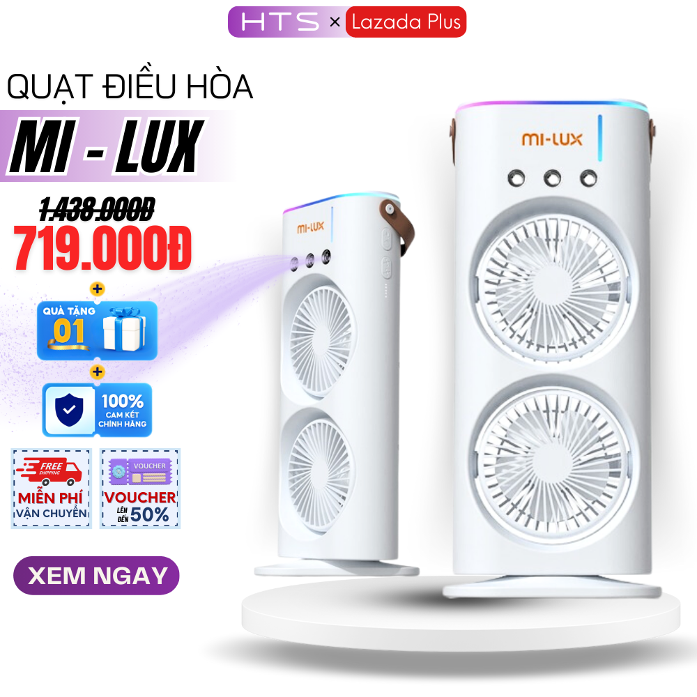 Quạt Điều Hòa Phun Sương Tích Điện MI-LUX A3 Plus Quạt Hơi Nước Tích Hợp Đèn LED Với 2 Cánh Gió 3 Đầ