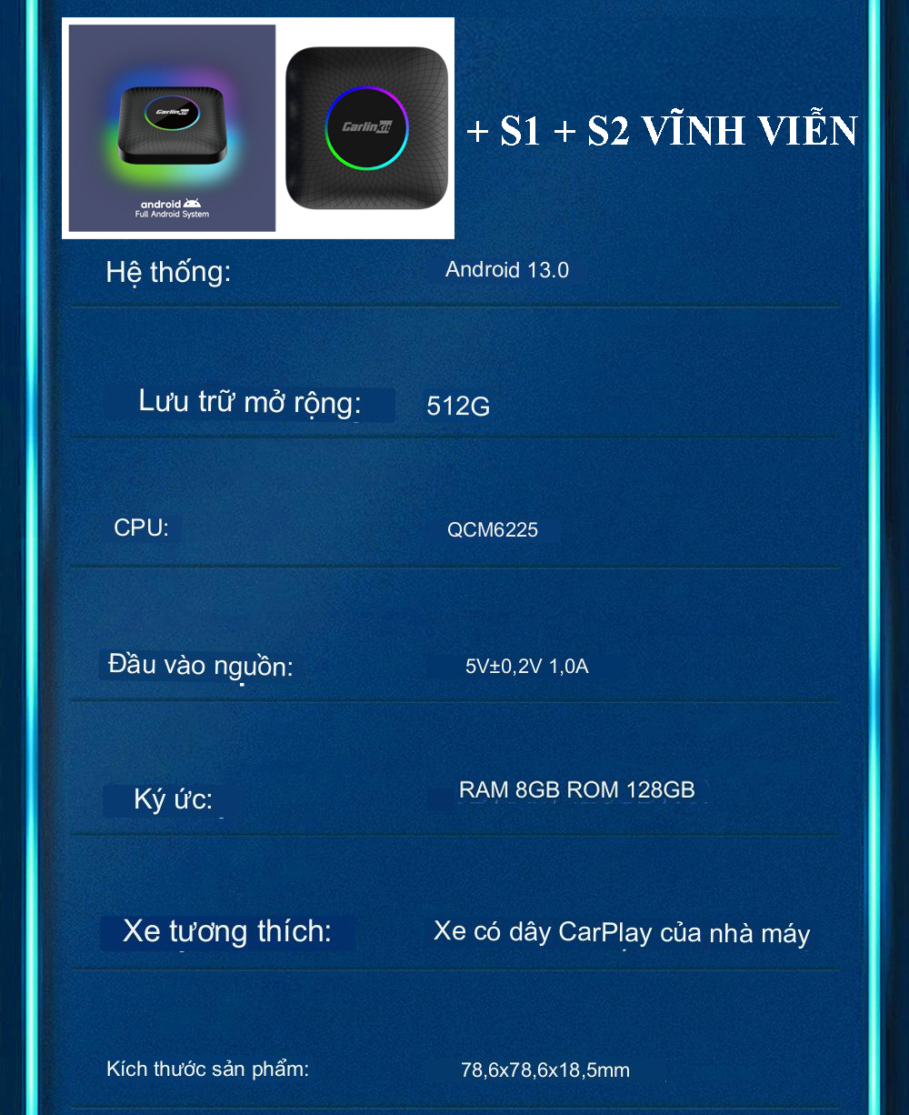Carplay Android Box ô tô xe hơi Carlinkit tặng Vietmap S2 Model TBOX Ambient Led 8G+128G Android 13