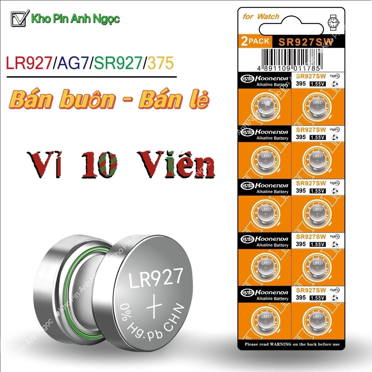 Pin AG7 / LR927 / SR927SW / 395A / 395 / L926F - Vỉ 10 viên
