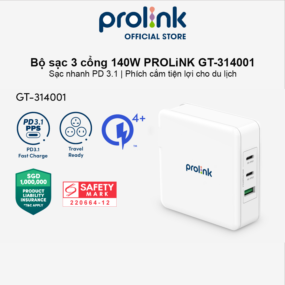Củ sạc nhanh 3 cổng 140W Prolink GT314001 (PD 3.1 &amp; QC4+) công nghệ GAN phù hợp Laptop Macbook máy tính bảng điện thoại...
