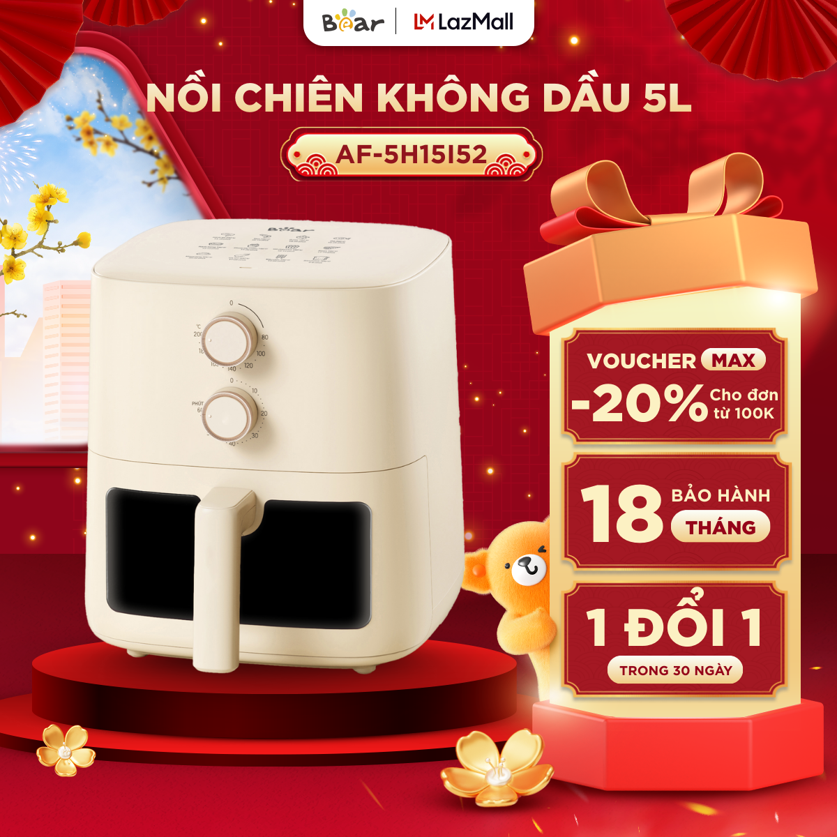 Nồi Chiên Không Dầu BEAR 5L Lò Nướng Nồi Chiên Hơi Nước Nồi Chiên Lò Chiên Không Dầu Nướng Bánh AF-5