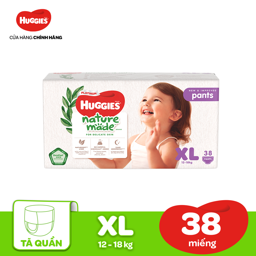 [20h 7-10.8 QUÀ TẶNG ĐƠN 399K] Tã/Bỉm quần HUGGIES PLATINUM NatureMade XL38 (12-18kg)-Gói Jumbo 38 miếng