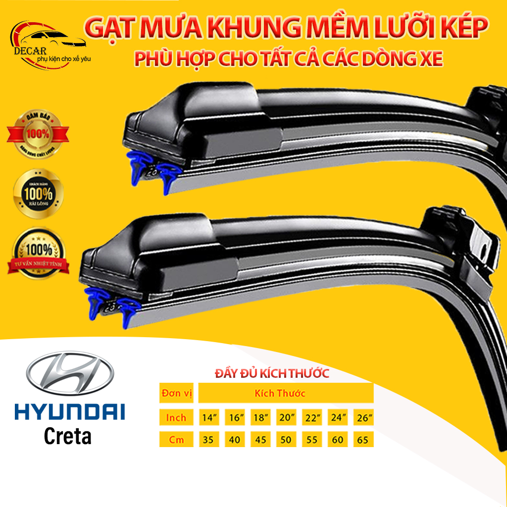 Gạt mưa lưỡi kép cao cấp cho xe Hyundai Creta bộ cần gạt kính nước mưa ô tô 2 lưỡi khung mềm ô tô ga