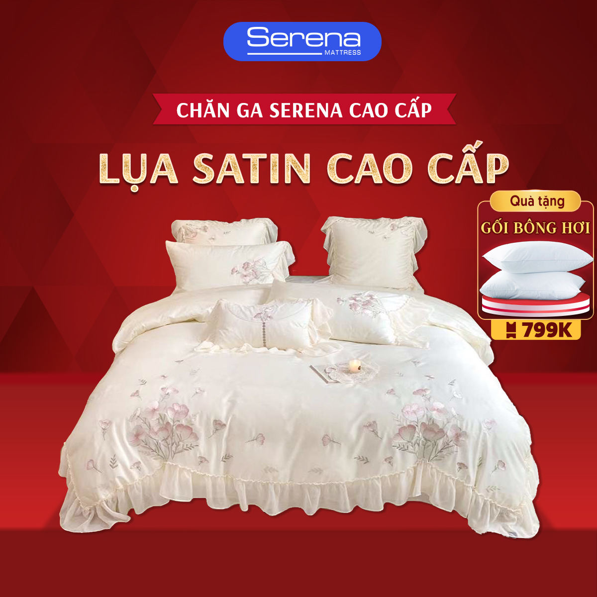 Bộ ga giường 2mx2m2 lụa satin SERENA cao cấp - bộ chăn ga ra drap gối mền nệm đệm giường đẹp phi lụa