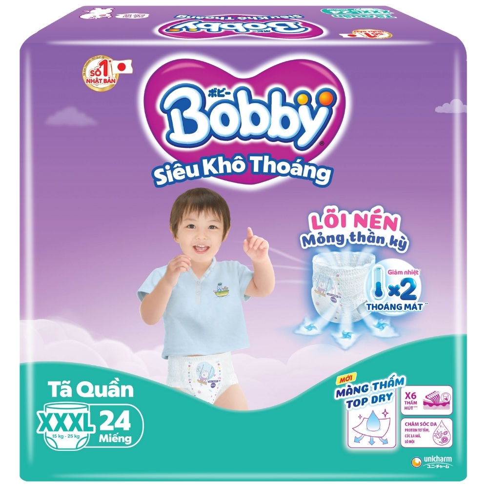 Bỉm Bobby Quần Thấm Hút Tốt Cho Bé Size M40/L36/XL32/XXL28/XXXL 24 Mặc Êm Khô Thoáng - Bibomart