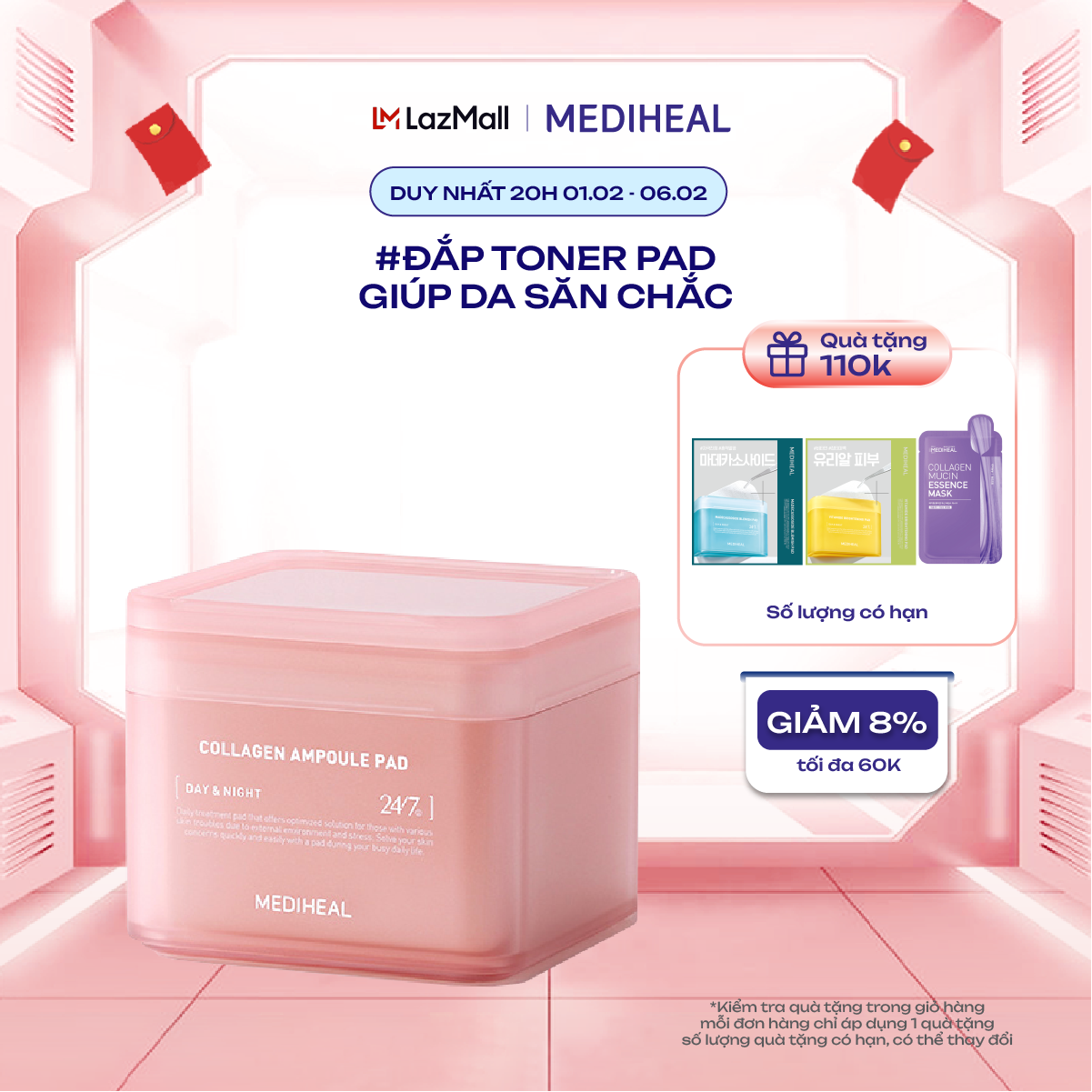 Hộp 100 miếng toner pad Mediheal Cấp Ẩm Săn Chắc Da Mediheal Collagen Ampoule Pad 180ml (100 Pads)