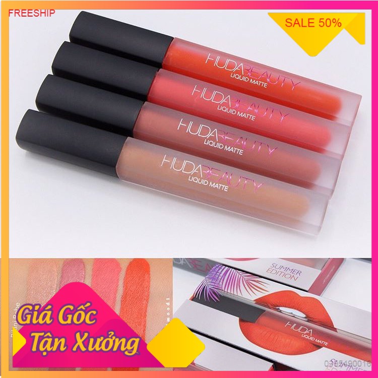 [Hàng Chuẩn] Combo 4 Thỏi Son Môi Kem Lì Huda Beauty Liquid Matte Đẹp Cao Cấp Loại Tốt Màu Hồng Đỏ Trầm