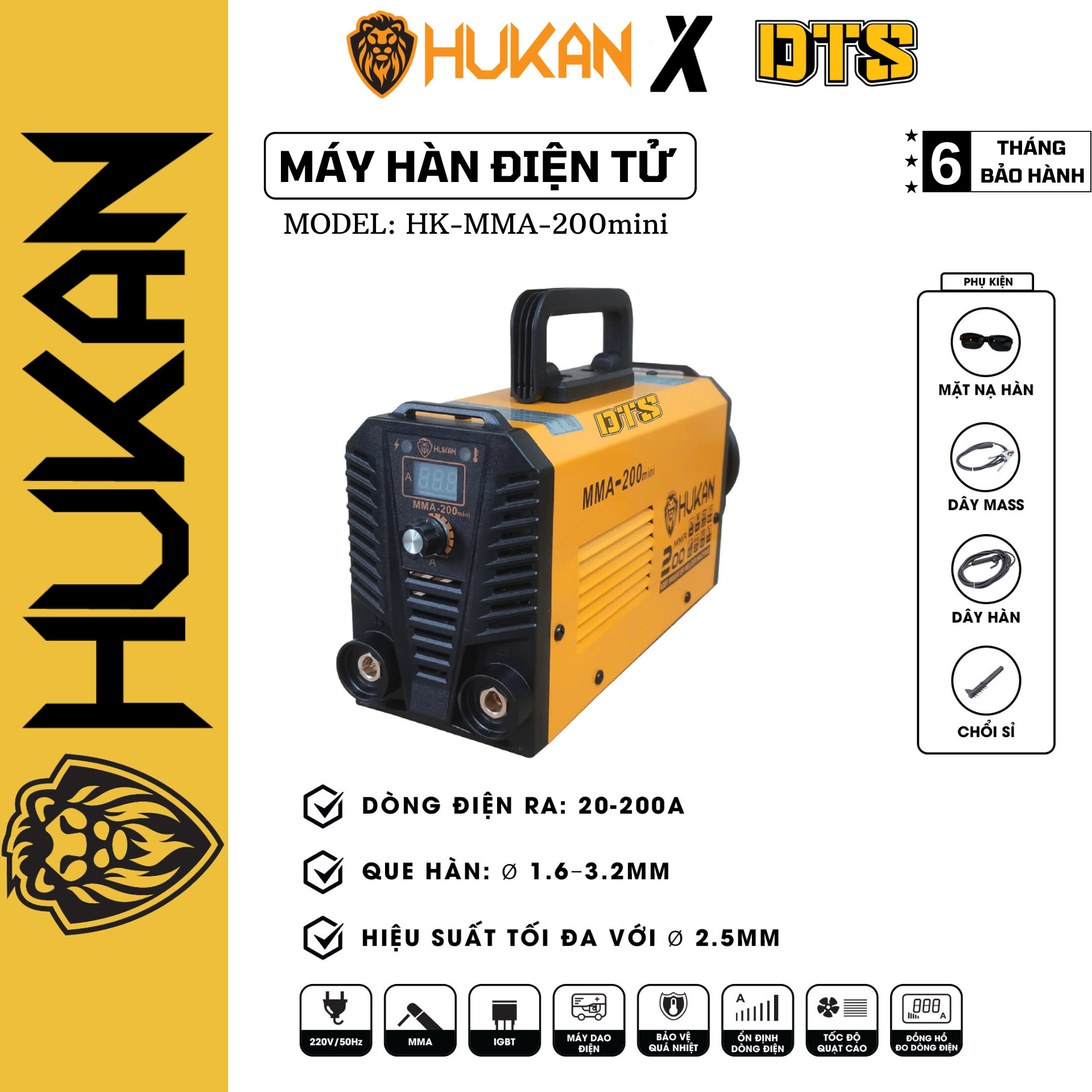 Máy hàn kim loại điện tử 200A mini HUKAN HK-MMA-200mini | Que hàn Ø1.6– 3.2 hiệu suất ra 20-200A hàn