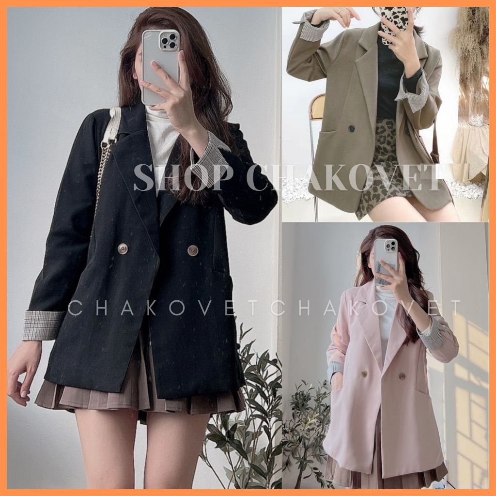 Áo blazer nữ 2 lớp khoác ngoài tay pha kẻ AB.8129 kiểu áo cổ vest 2 cúc 2 túi thật style hàn quốc mi