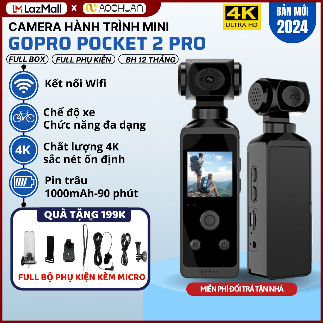 Camera Hành Trình Wifi Gopro Pocket 2- Máy Quay Phim Mini Cầm Tay - Đa Dạng Chức Năng Nhỏ Gọn - Cảm Biến Chất Lượng Cao- Camera Siêu Nét 4K_CHÍNH HÃNG AOCHUAN
