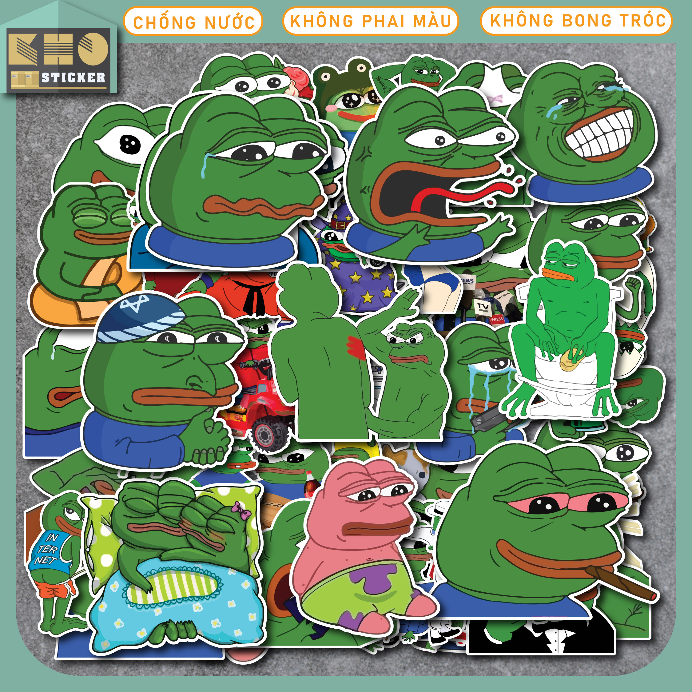 Combo 50 Sticker Frog Meme chống nước sticker dán laptop điện thoại đàn guitar mũ bảo hiểm vali. MSP: ST115
