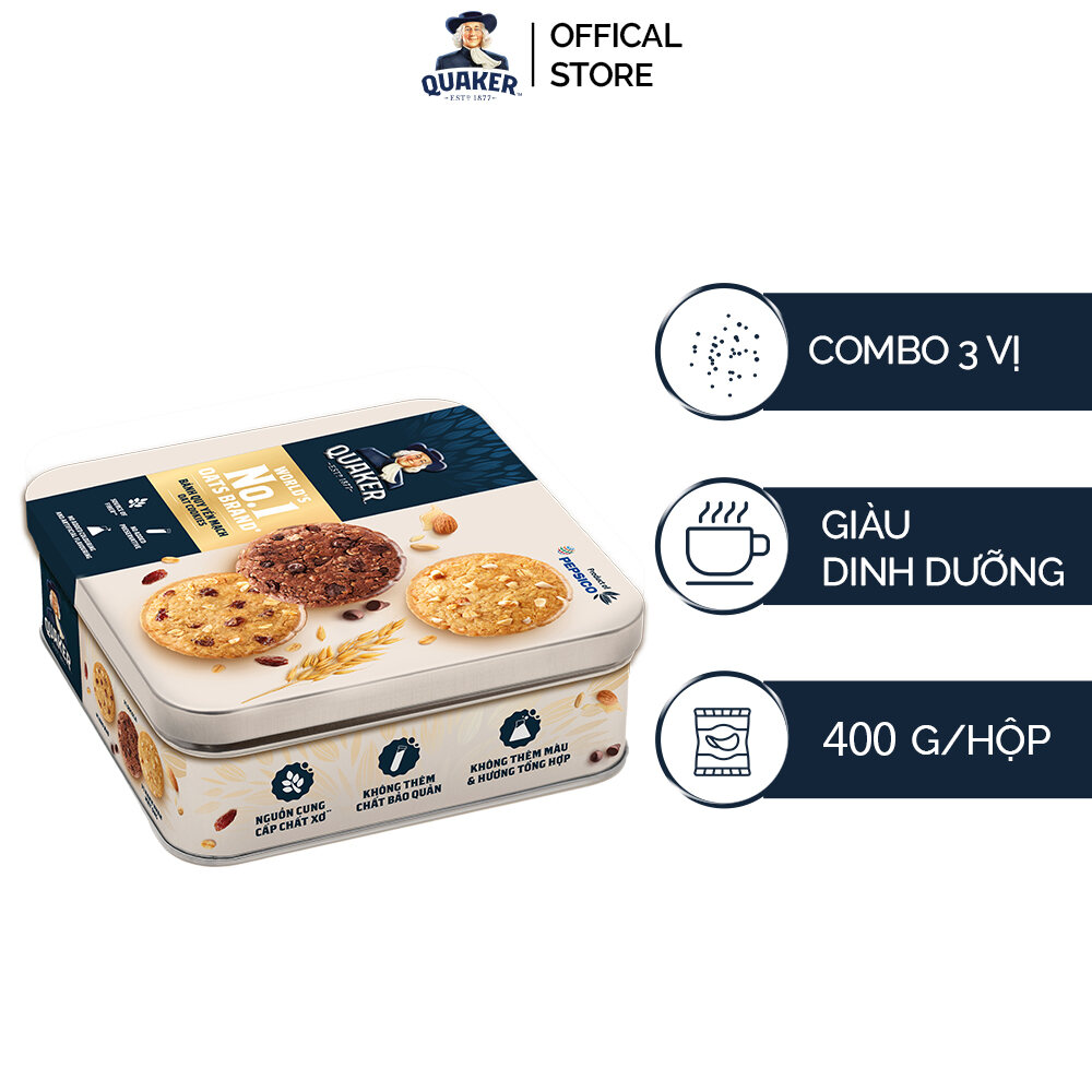 [DUY NHẤT 20H 4.5-7.5]  Combo 2 Hộp thiếc Bánh Quy Yến Mạch Quaker 400G 3 vị (Hạnh Nhân Socola Nho K