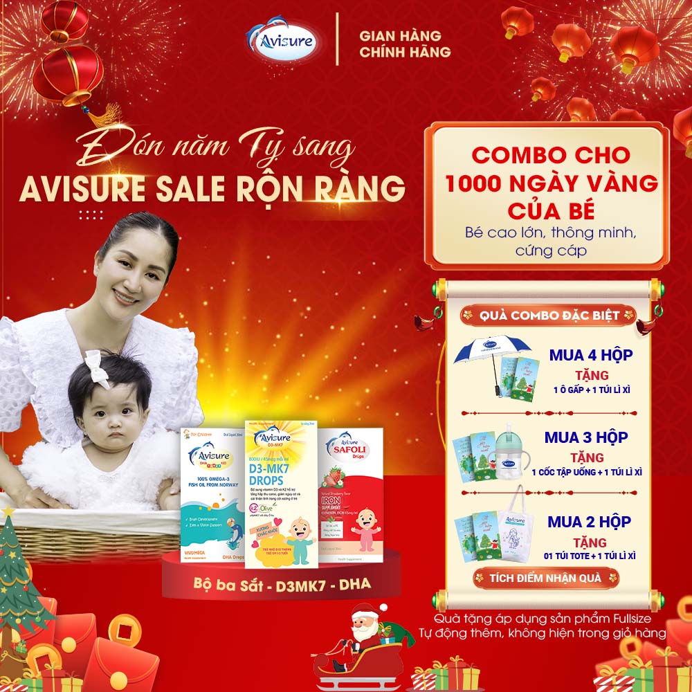 Bộ ba Avisure D3MK7 Avisure DHA smart Kid Avisure Safoli Drop bổ sung D3 DHA Sắt tinh khiết tự nhiên