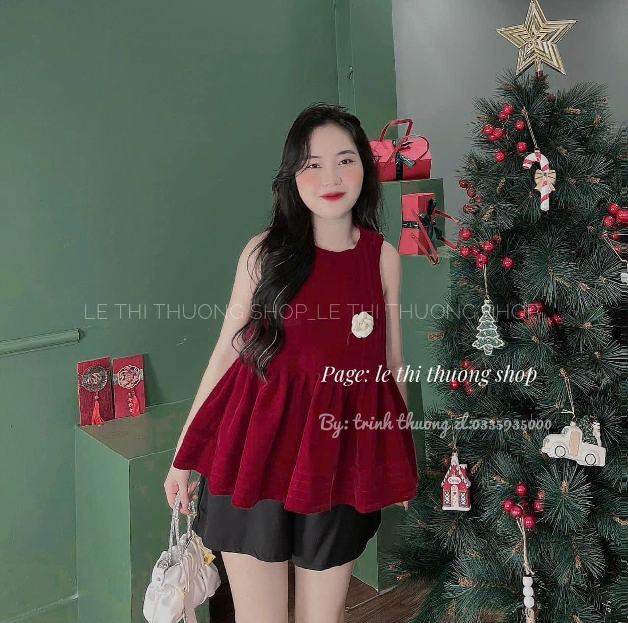Set áo babydoll màu đỏ và quần short nữ màu đen đồ bộ đùi nhung cá tính đơn giản
