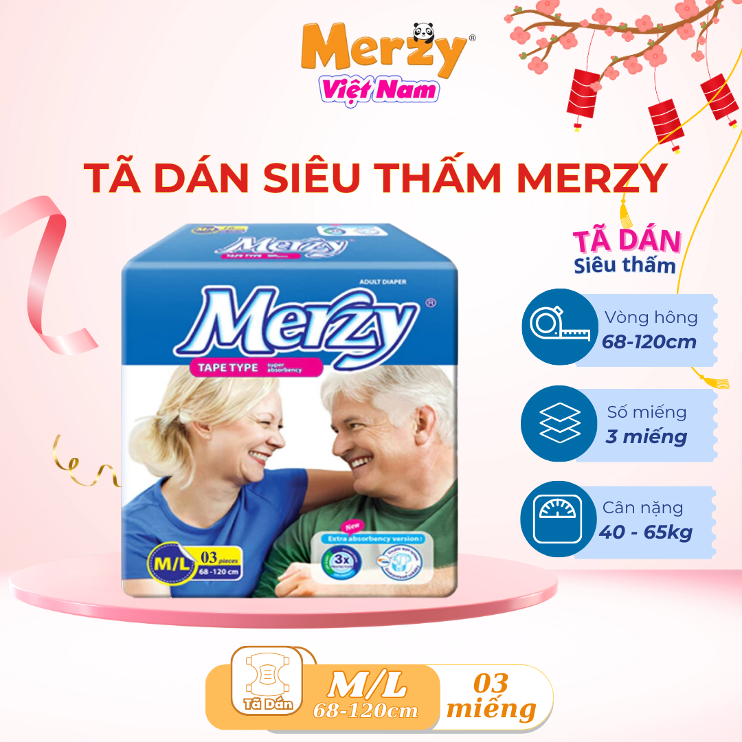 Tã người già Merzy bỉm người già size m/l 3 miếng bỉm người lớn khô thoáng siêu thấm