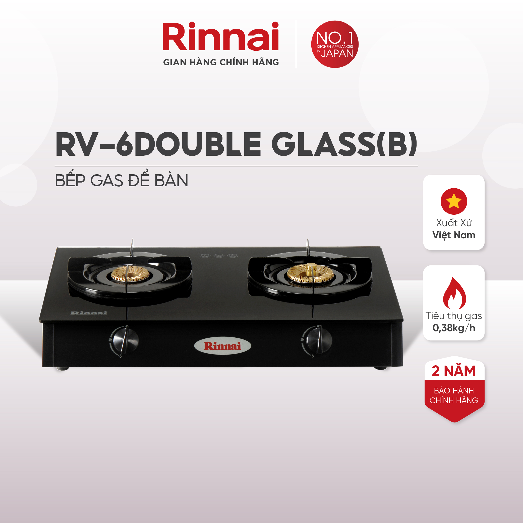 Bếp gas dương Rinnai RV-6Double Glass(Sp) mặt bếp kính và kiềng bếp men - Hàng chính hãng.
