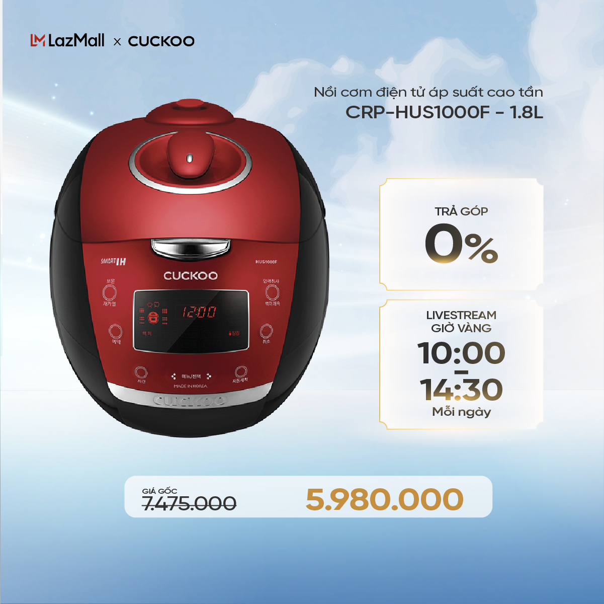Nồi cơm điện tử áp suất cao tần Cuckoo 1.8 lít CRP-HUS1000F màu đỏ- lòng nồi chống dính cao cấp phủ 