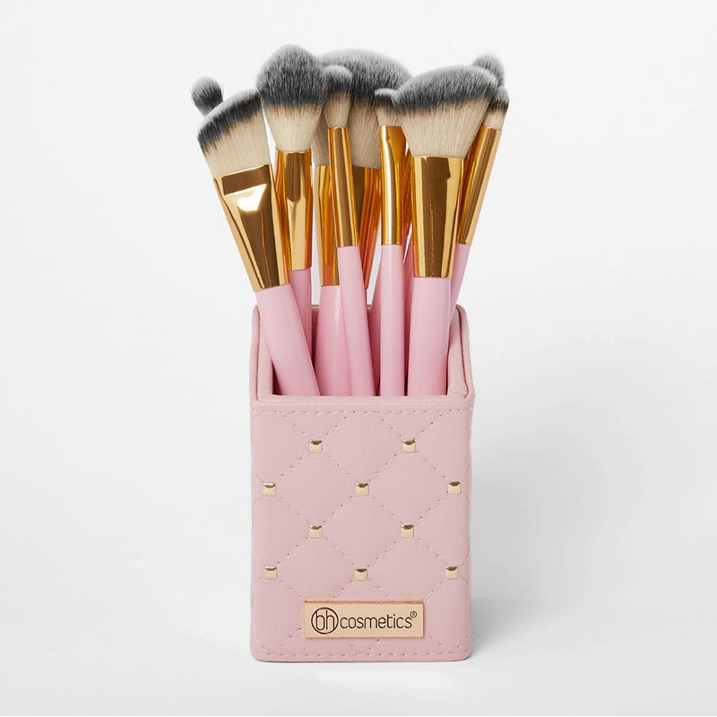 [Hcm]Pink Studded Elegance 12 Piece Brush Set With Holder