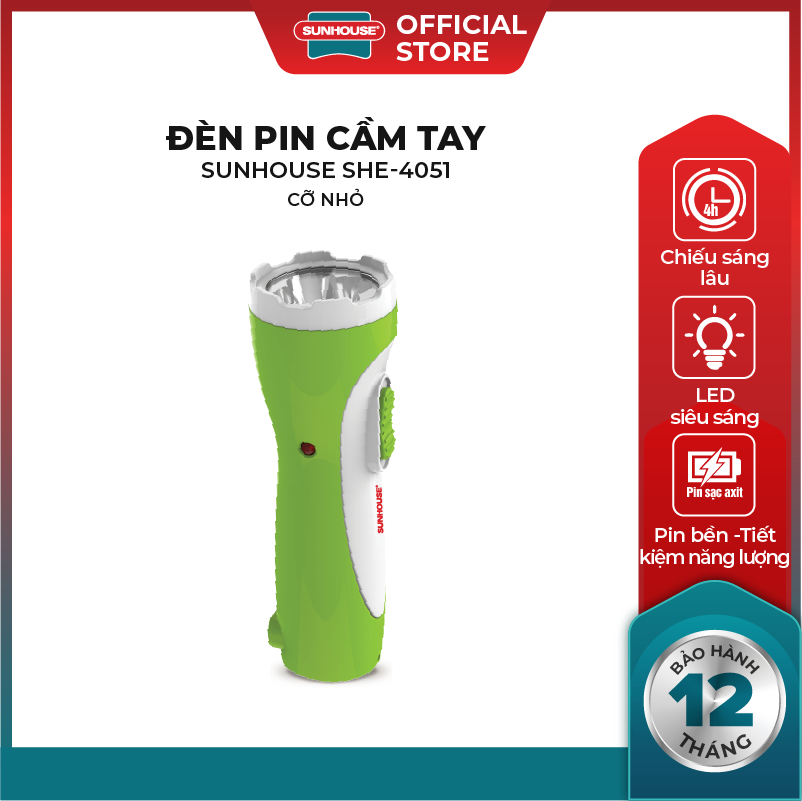 Đèn pin tay cầm SUNHOUSE SHE-4051 cỡ nhỏ trắng xanh lá