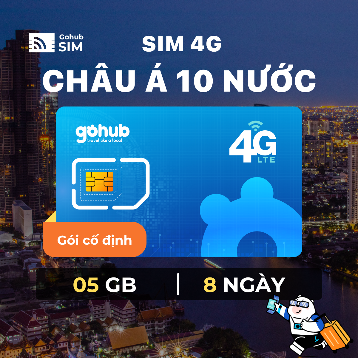 SIM 4G du lịch Châu Á 10 nước (Malaysia Lào Indonesia Philippines..) - Gói cố định (05 GB - 08 ngày)
