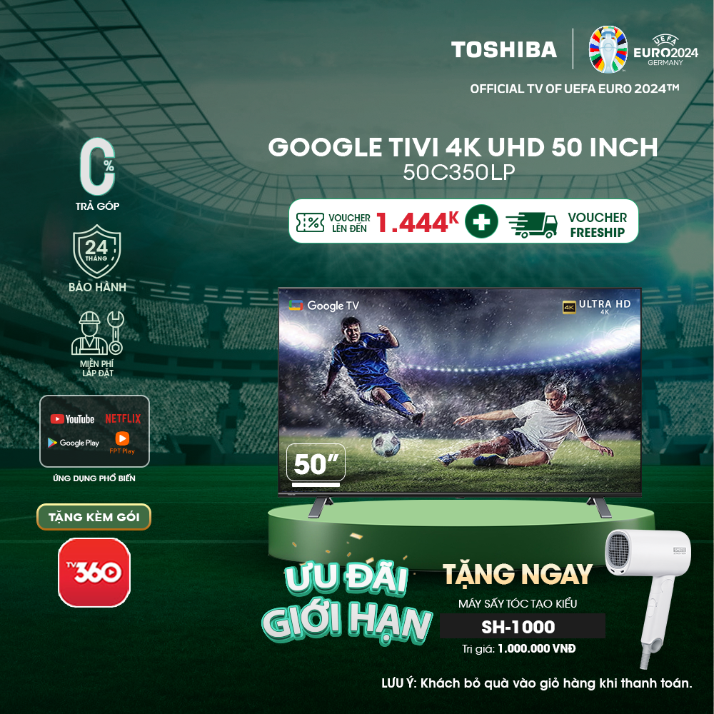 Google Tivi TOSHIBA 50 inch 50C350LP Smart TV Màn Hình LED 4K UHD - Loa 24W - Miễn Phí Lắp Đặt