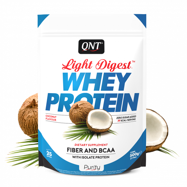Whey protein isolate thực vật bột sữa protein tăng cơ giảm mỡ QNT light digest Whey protein vị dừa - 500g BFitness