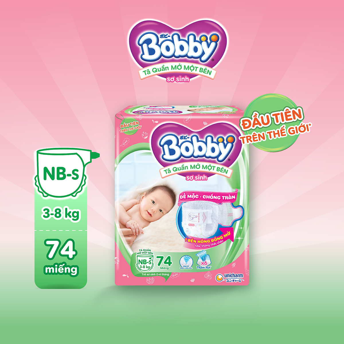 [Tặng 2 gói khăn ướt 32pcs/hộp] Combo 2 Tã/bỉm quần Mở Một Bên Bobby size NB-S 74 miếng