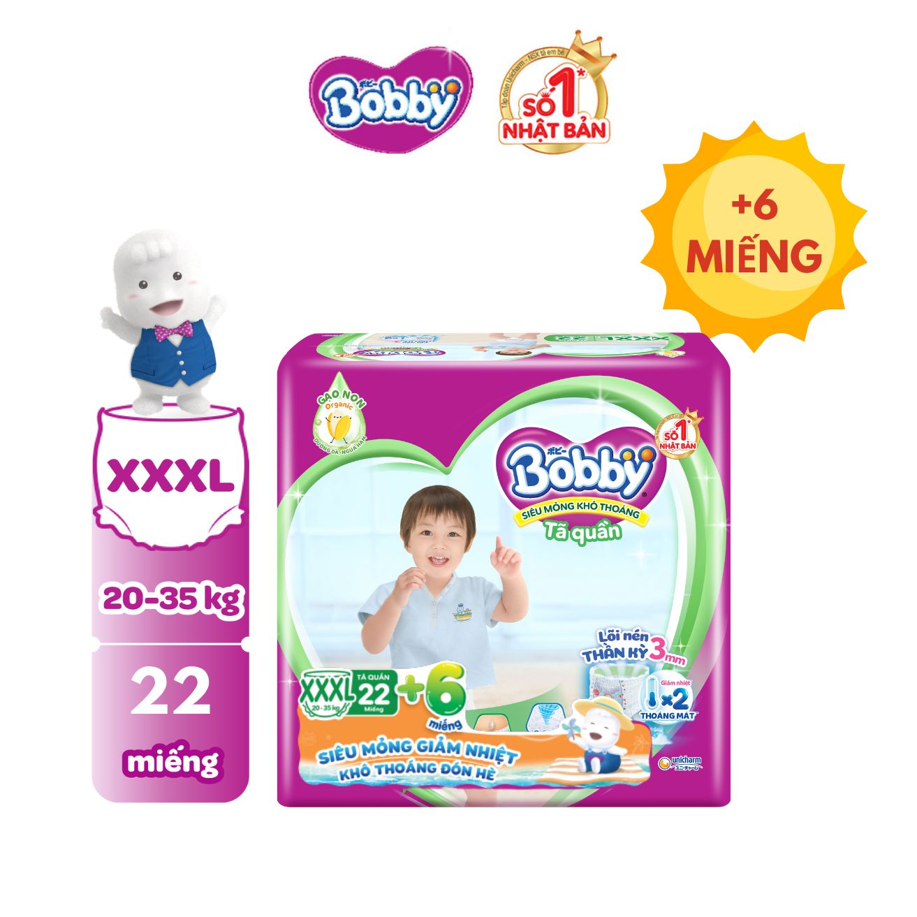 [SALE CUỐI THÁNG QUÀ TO][Số miếng tặng thay đổi tùy đợt nhập hàng] Tã/bỉm quần Bobby 3mm Jumbo Siêu khô thoáng XXXL22