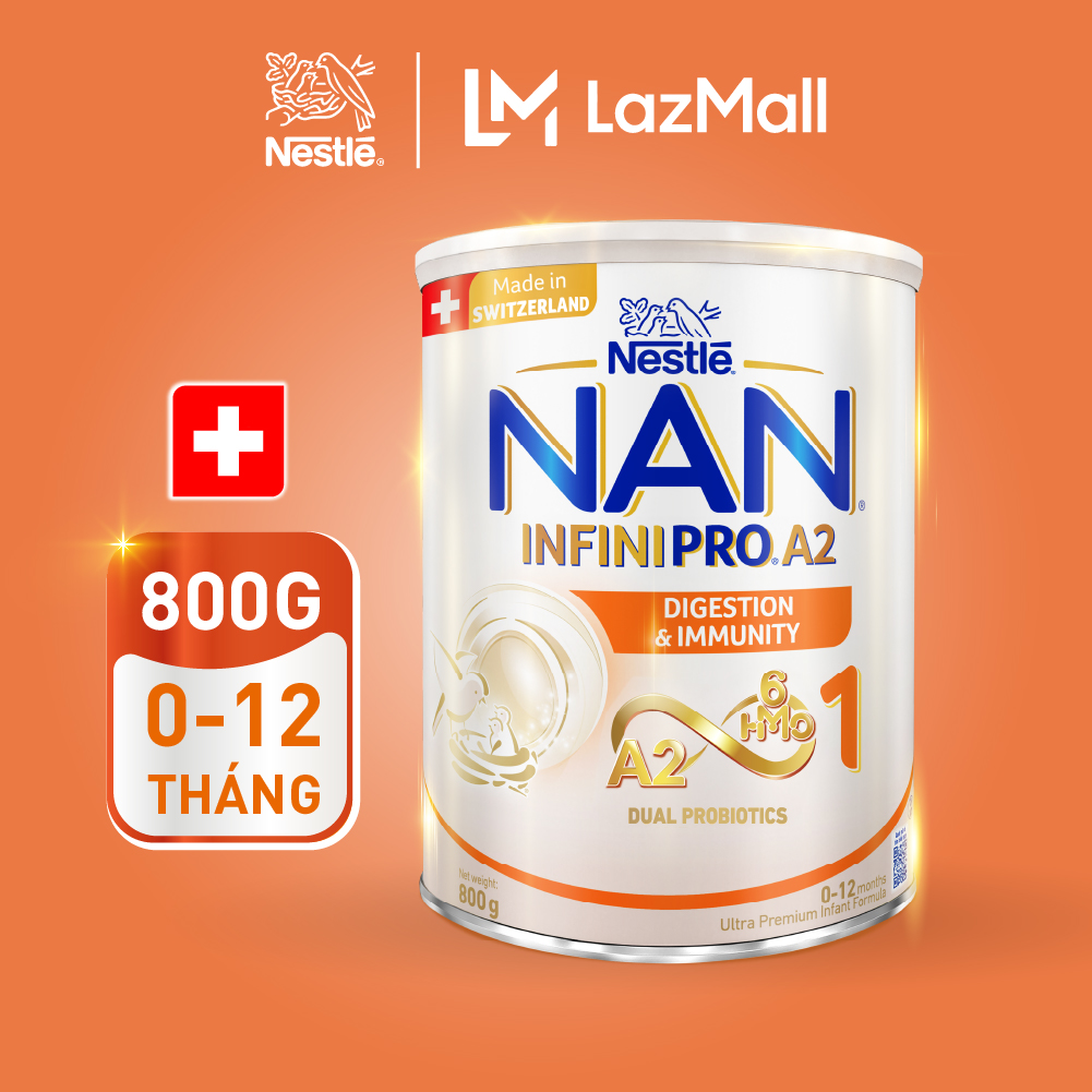 Sữa bột NAN INFINIPRO A2 bước 1 với công thức đầu tiên kết hợp giữa đạm quý A2 & 6HMO nhập khẩu Thụy Sĩ - Hộp 800g cho bé 0 - 12 tháng - Sữa công thức dinh dưỡng cho trẻ hỗ trợ tiêu hóa đề kháng khỏe