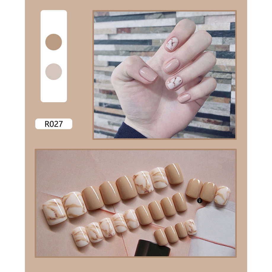 Móng Giả Trắng Nude Vân Đá Lcr027 - Móng Vuông Nails 24 Móng Kèm Keo Tự Dán Móng Tại Nhà - Linh Cute Shop
