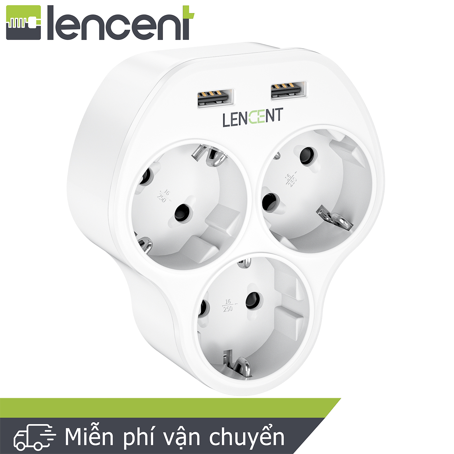 LENCENT 5 trong 1 Bộ chuyển đổi ổ cắm sạc treo tường USB hình tam giác với 3 ổ cắm AC và 2 ổ cắm cổn