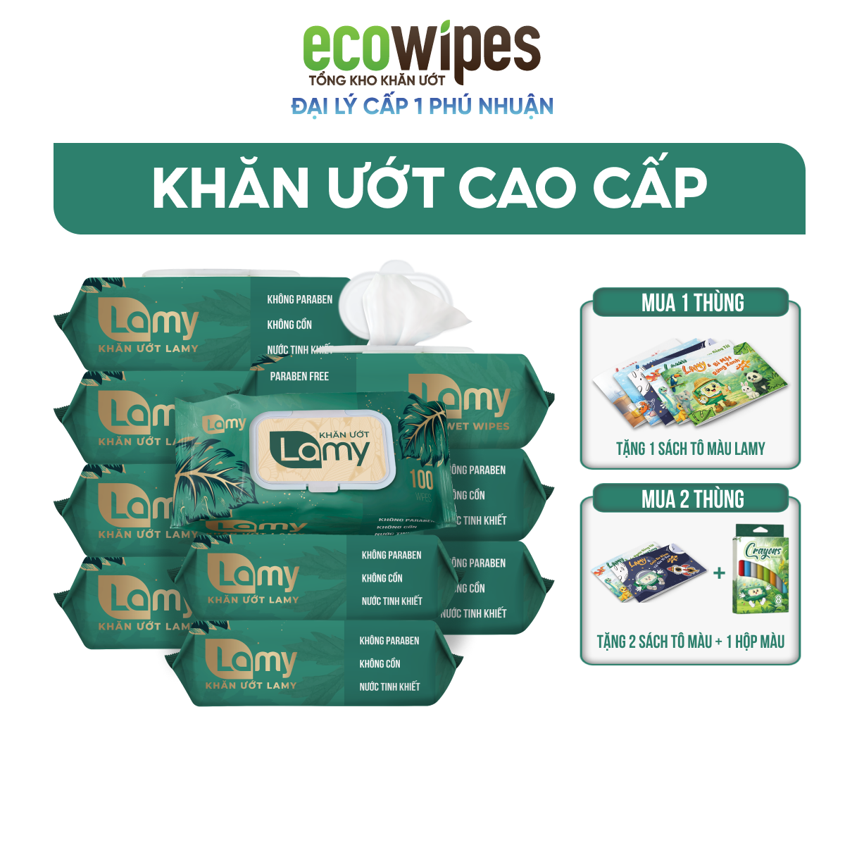 KHO PHÚ NHUẬN_Thùng 10 gói khăn ướt Lamy không cồn không parabens gói 100 tờ cao cấp dành cho em bé