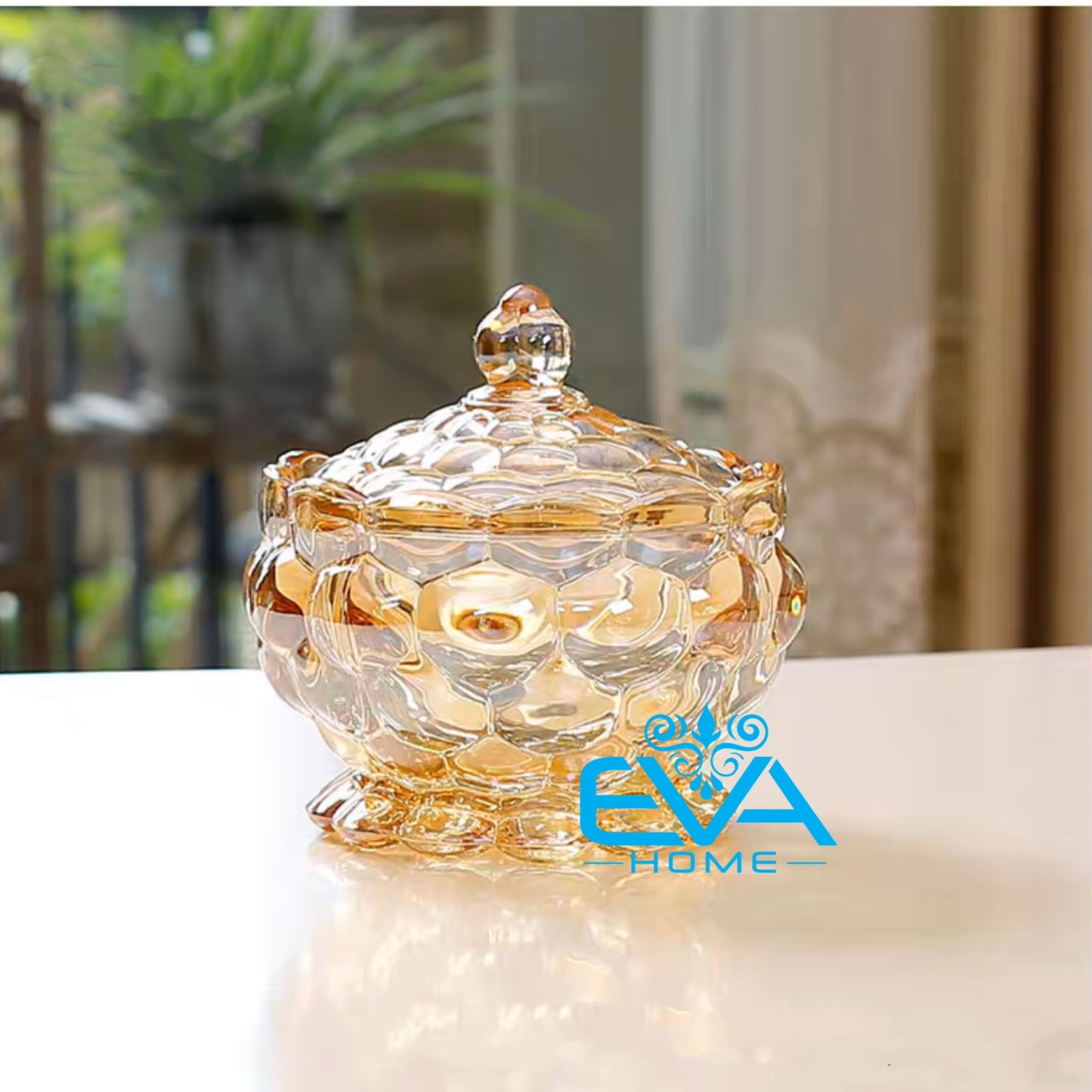 Thố Mứt Thuỷ Tinh Pha Lê Ánh Vàng Hoa Văn Pindoro Nổi Lớn Crystal Glass Sugar Bowl TG5110 Cao Cấp Sa