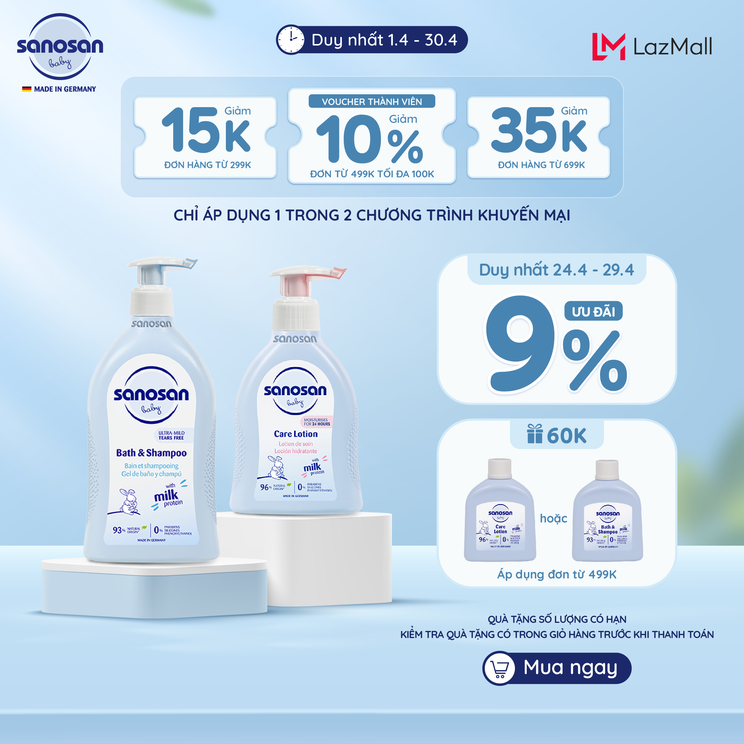 Combo 2 Sữa tắm gội Sanosan Baby bath and shampoo 500ml + Sữa dưỡng thể Sanosan Baby care lotion 200ml (HSD T06/2025)