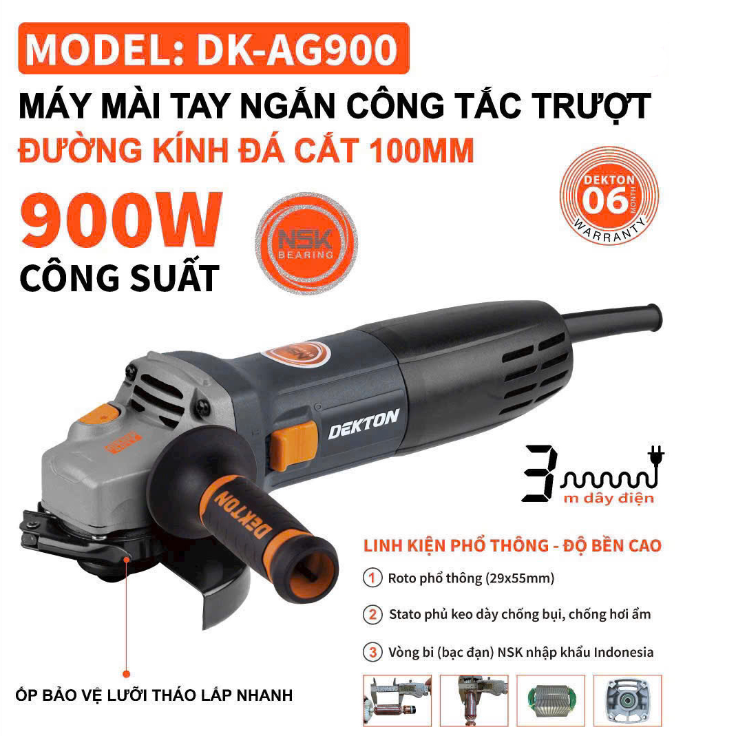 Máy mài góc Dekton DK-AG900, 100mm, Điện 220V, 900W, Chống bụi hiệu quả